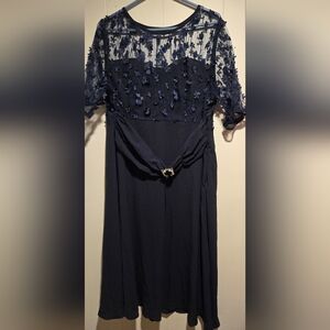 Elegant Navy Blue Lace Dress With Flower Accents